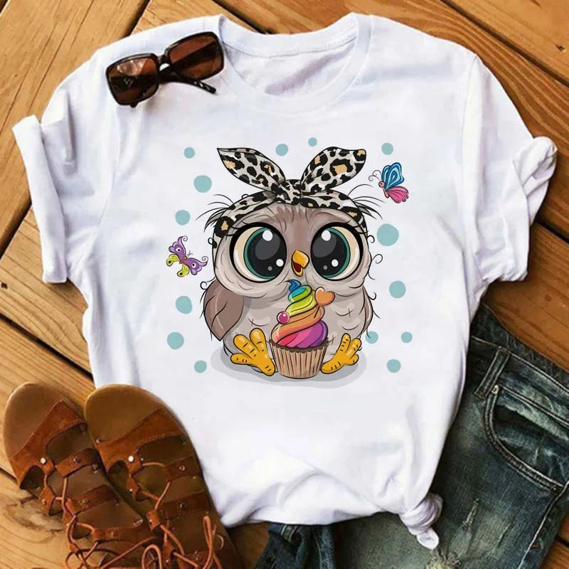 Maycaur Cartoon Owl Print T Shirt Women Kawaii Graphic Shirts Casual Short Sleeved Black Female Tee O-neck Harajuku T-shirts