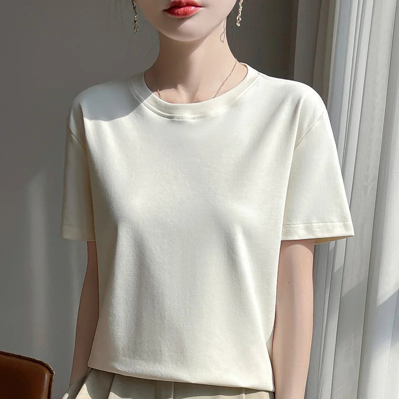 2026 Summer New Cotton Short Sleeve T-shirt Women's Round Neck Half Sleeve Mercerized Cotton Cool T-shirt