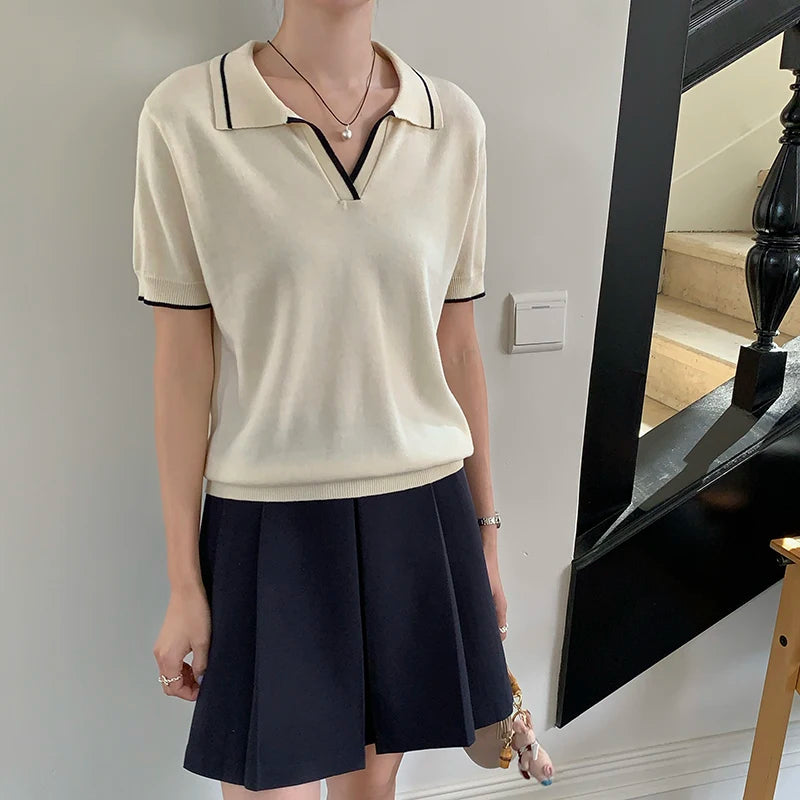 Summer 100% cotton women's T-shirt casual striped knit pullover short sleeved loose POLO collar Tees Pull luxury brand Tops