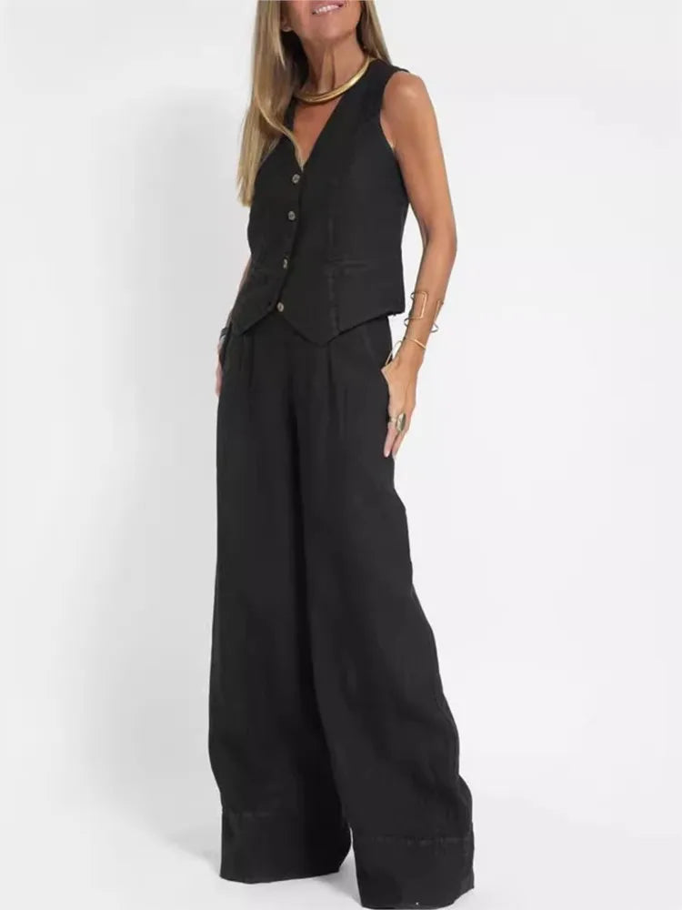 Women Fashion Solid V-neck Sleeveless Two Piece Sets New Spring Summer Button Vest Top & Wide Leg Pants Office Casual Outfits
