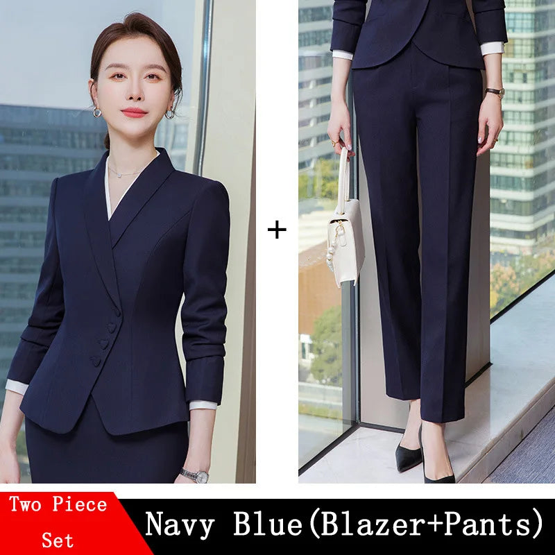 Office Business Women's Suit Pants Two-piece Set 2024 New Spring Autumn Long Sleeve Heart Button Jacket Slim Trousers Skirts