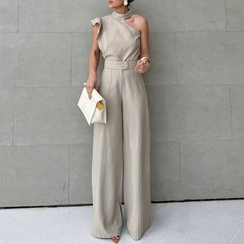 Women Summer Streetwear Sexy Asymmetric Sleeveless Tops&Straight Pants Sets Fashion Irregular Solid Color Commute Two Piece Sets