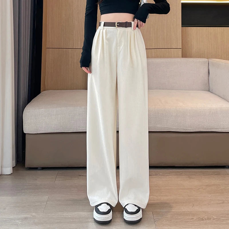 Vintage High Waist Corduroy Pants Women Autumn Winter Straight Causal Full Length Trousers Korean Fashion All Match Black Pants