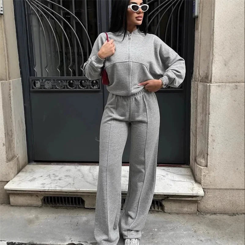 2026 Sweatshirt Two-piece Suit Women's Casual Sets Loose Zipper-up Short Jacket Tops Straight Trousers Sports 2-piece Sets Lady