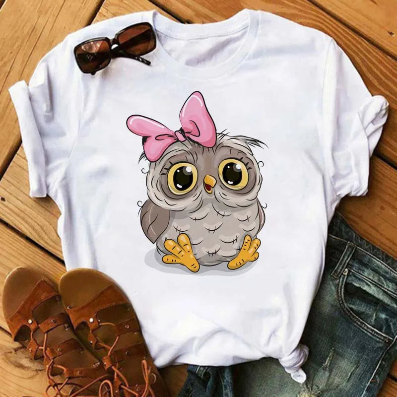 Maycaur Cartoon Owl Print T Shirt Women Kawaii Graphic Shirts Casual Short Sleeved Black Female Tee O-neck Harajuku T-shirts