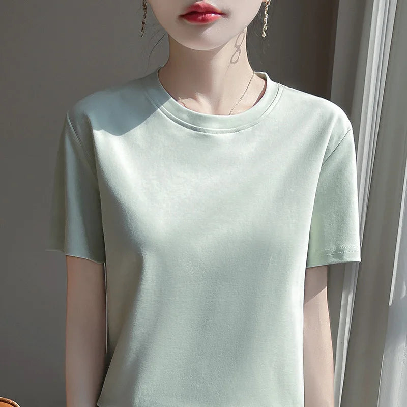 2026 Summer New Cotton Short Sleeve T-shirt Women's Round Neck Half Sleeve Mercerized Cotton Cool T-shirt