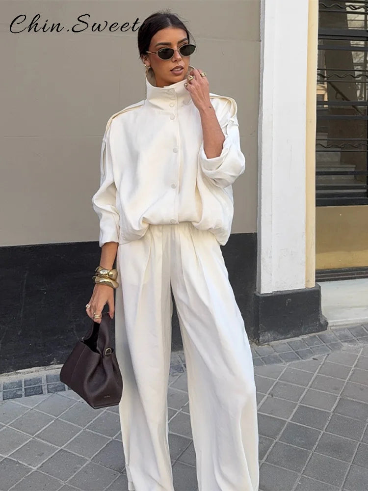 Casual Women's White Jacket Pants Set Loose Stand Collar Full Sleeve Single Breasted Jackets Wide Leg Pant 2026 Spring Suit