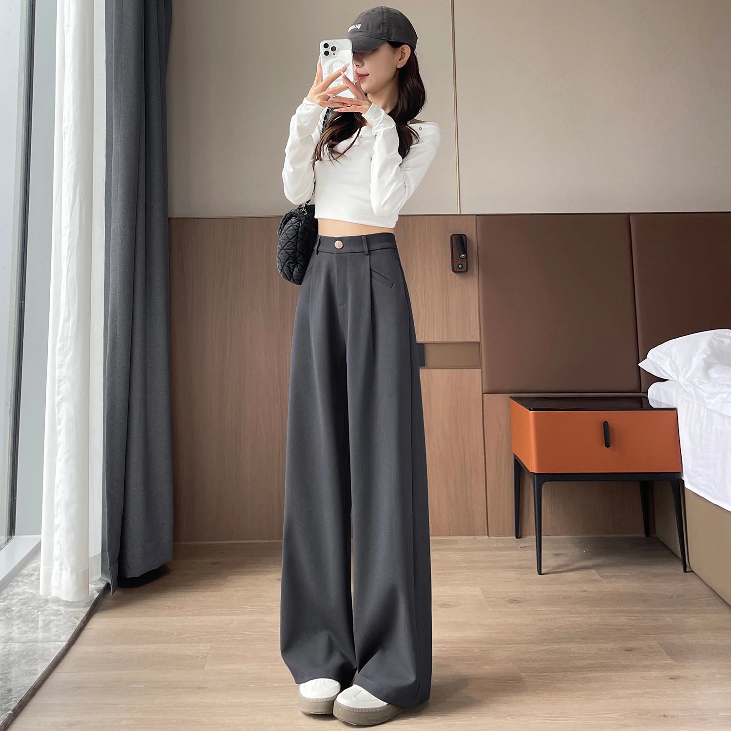 Seoulish Autumn Elegant Women's Wide Leg Pants 2024 New Korean Solid Button Casual Loose Office Full Length Trousers Female
