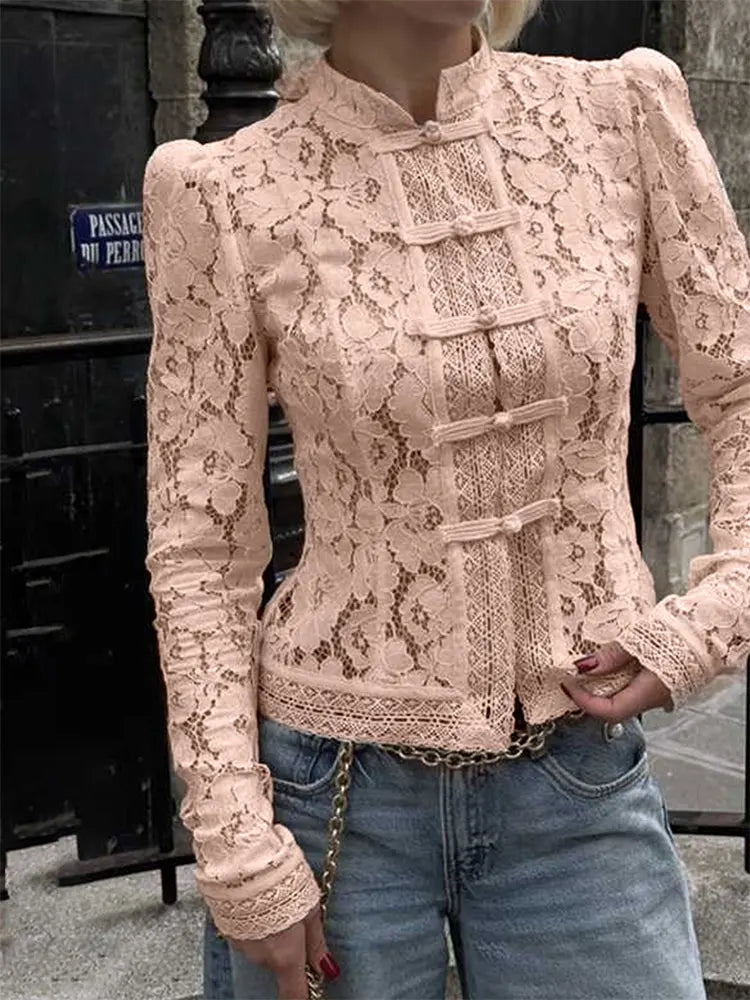 Women's Lace Printed Shirts Tops Spring New Full Sleeve Hollow Out Single Breasted Patchwork Blouse Lady Fashion Shrug Shirts