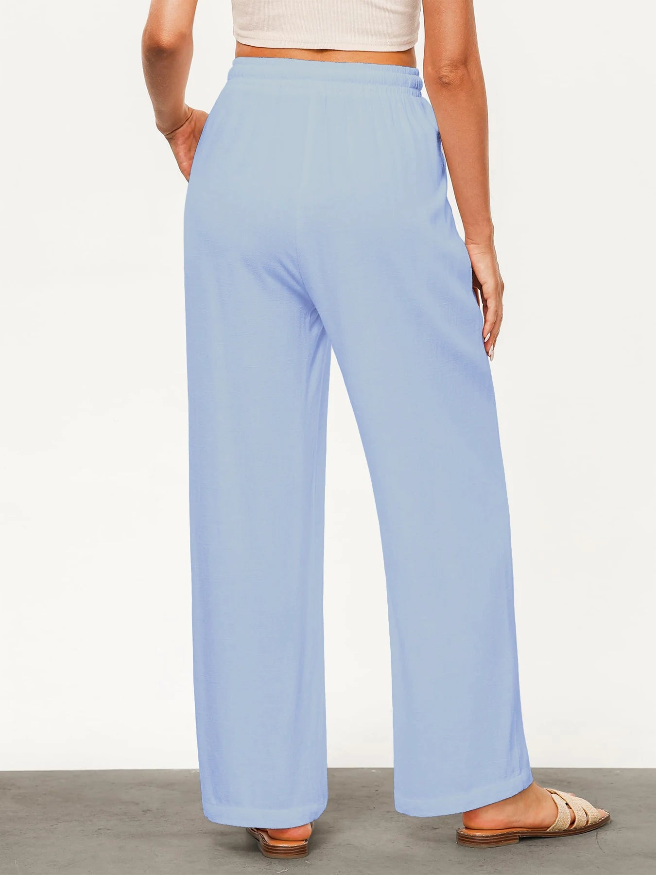 Women's Solid Color Loose Wide Leg Pants Casual Drawstring Straight Pants Pocket Casual Pants Trousers Loose High Waisted Pants