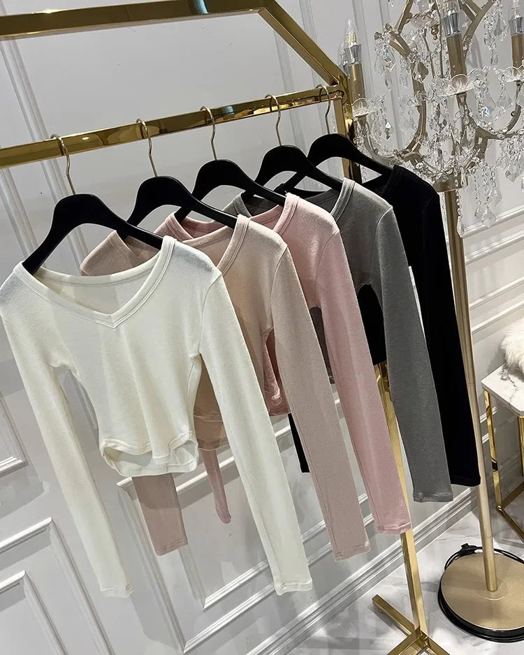 Korean 2026 Spring Summer Style T-shirt Elegant Slim-fit V-neck See-through Short Sleeve T-shirt Sexy Women Crop Top