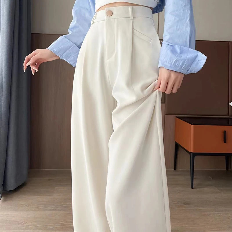 Seoulish Autumn Elegant Women's Wide Leg Pants 2024 New Korean Solid Button Casual Loose Office Full Length Trousers Female