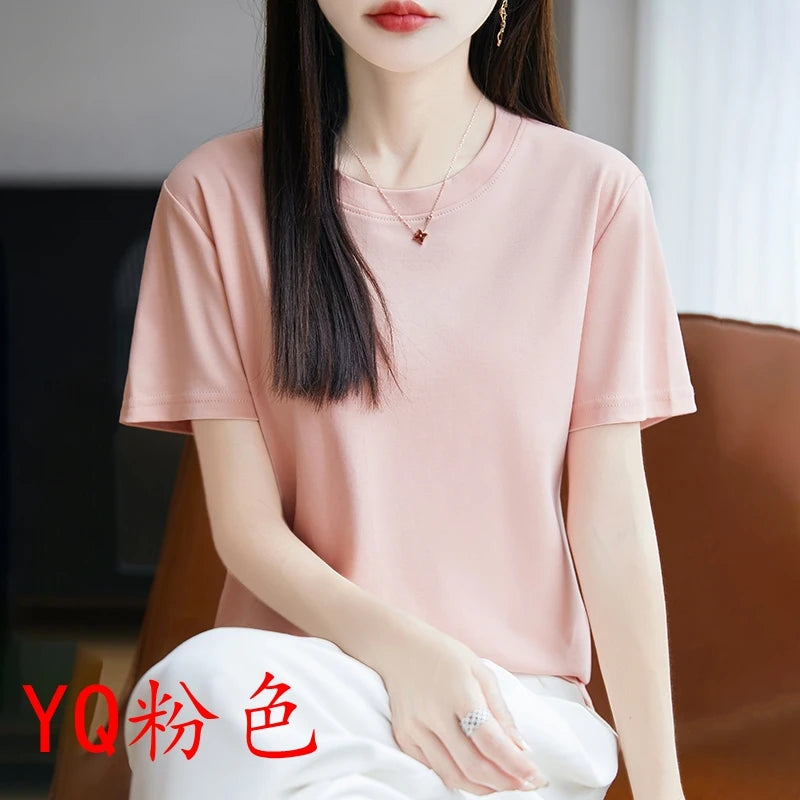 2026 Summer New Cotton Short Sleeve T-shirt Women's Round Neck Half Sleeve Mercerized Cotton Cool T-shirt