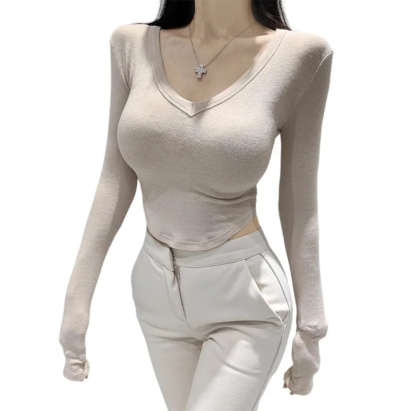Korean 2026 Spring Summer Style T-shirt Elegant Slim-fit V-neck See-through Short Sleeve T-shirt Sexy Women Crop Top