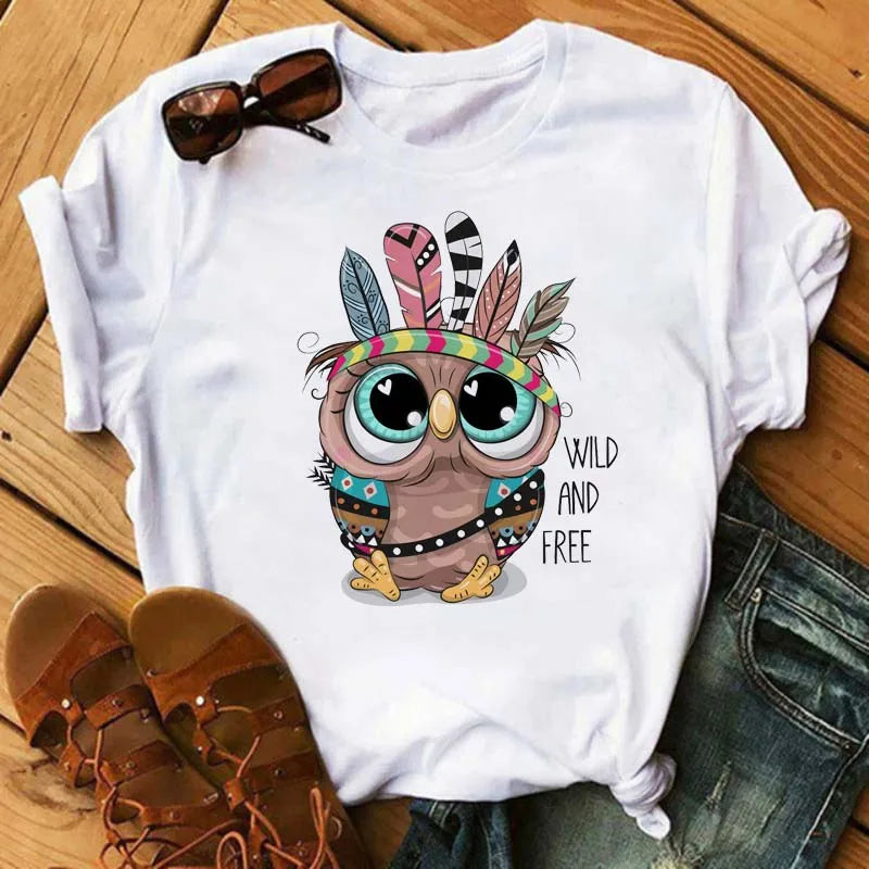 Maycaur Cartoon Owl Print T Shirt Women Kawaii Graphic Shirts Casual Short Sleeved Black Female Tee O-neck Harajuku T-shirts