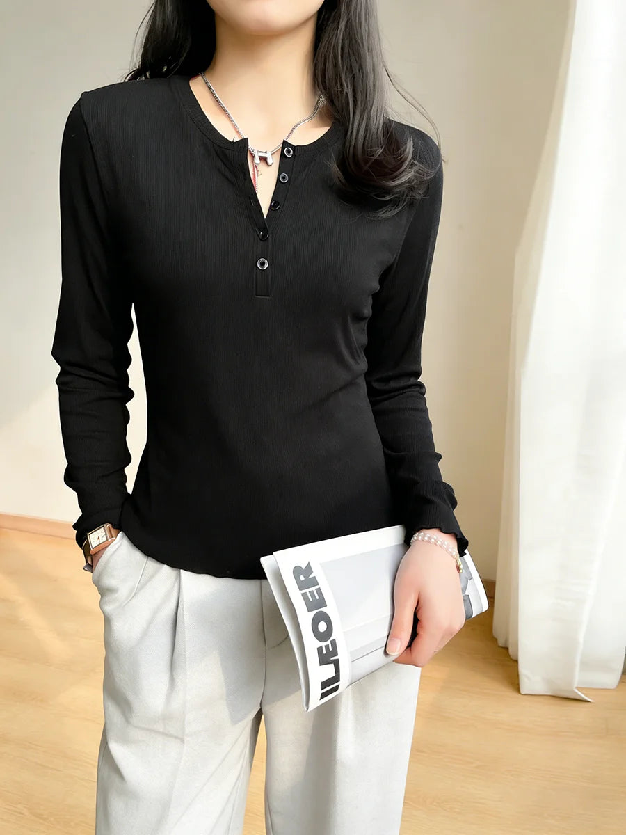 Women's T-Shirt Round Neck Long Sleeve Henley Button Ribbed Slim Tops Casual Tee Spring Summer Casual T-Shirt Daily Stretchy Top