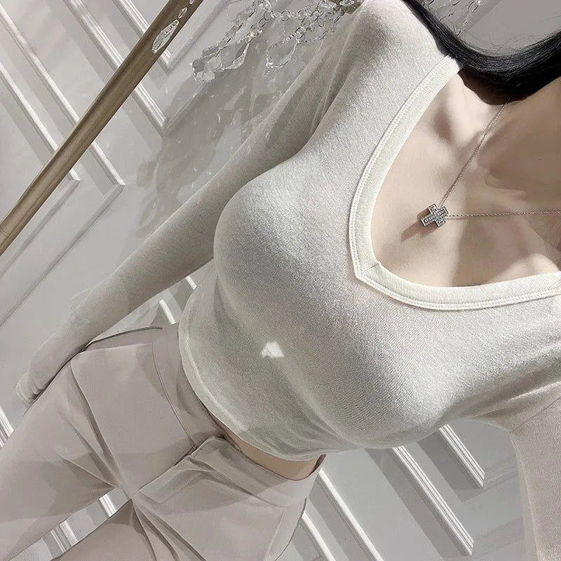Korean 2026 Spring Summer Style T-shirt Elegant Slim-fit V-neck See-through Short Sleeve T-shirt Sexy Women Crop Top