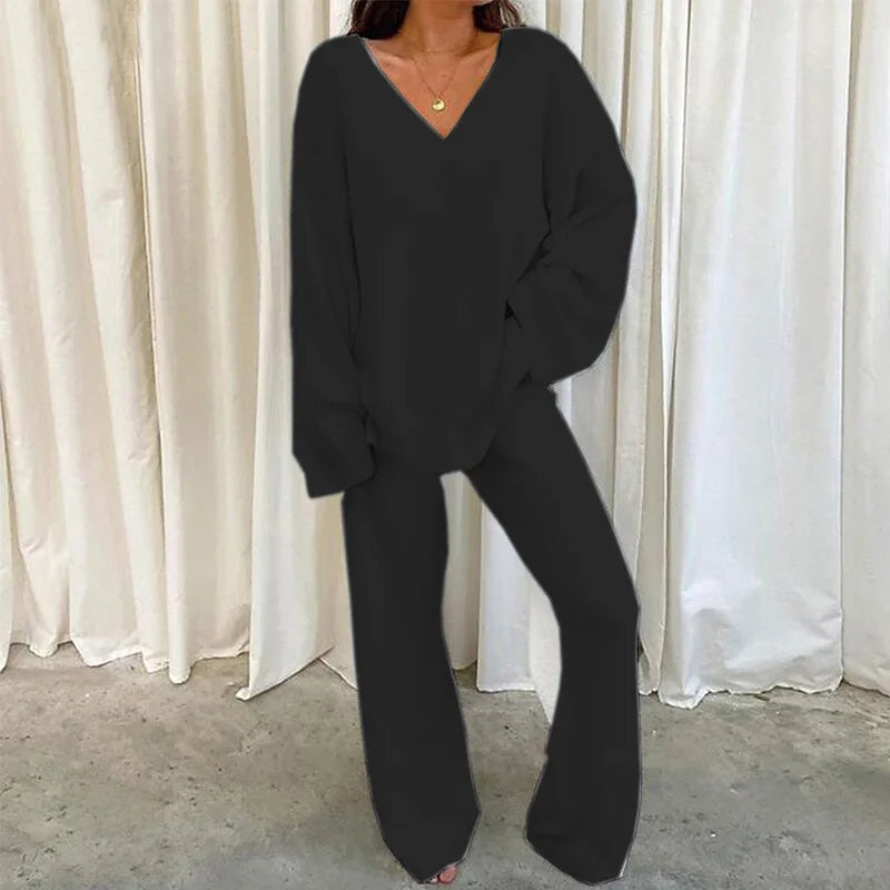Autumn Winter Women's Comfortable Tracksuits Casual V-Neck Long Sleeve Pullover And Pants Warm Two Piece Set Women Fashion Sets