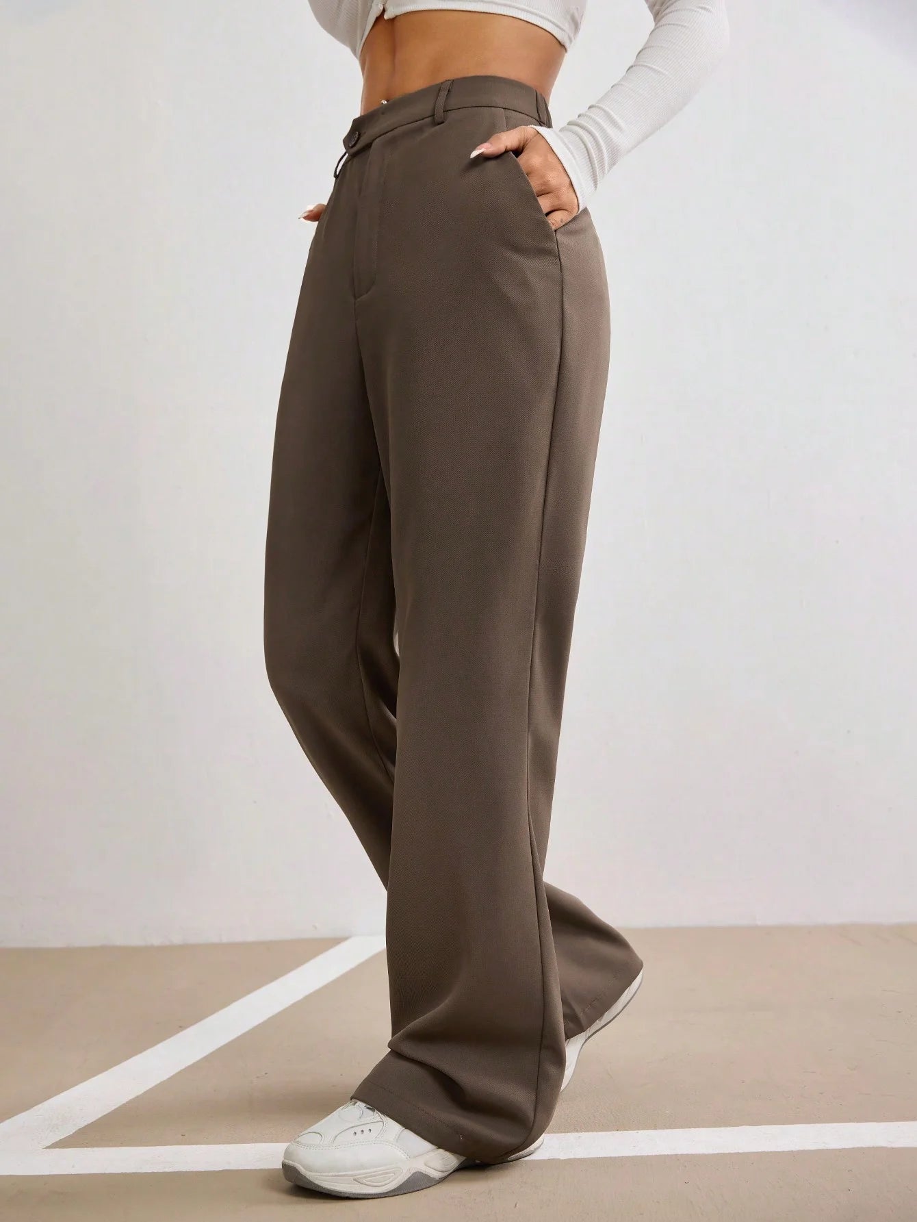 Women Brown Straight Leg Pants High Waist Wide Leg Button Fly Spring Summer Casual Commuting Office Streetwear Fashion Trousers