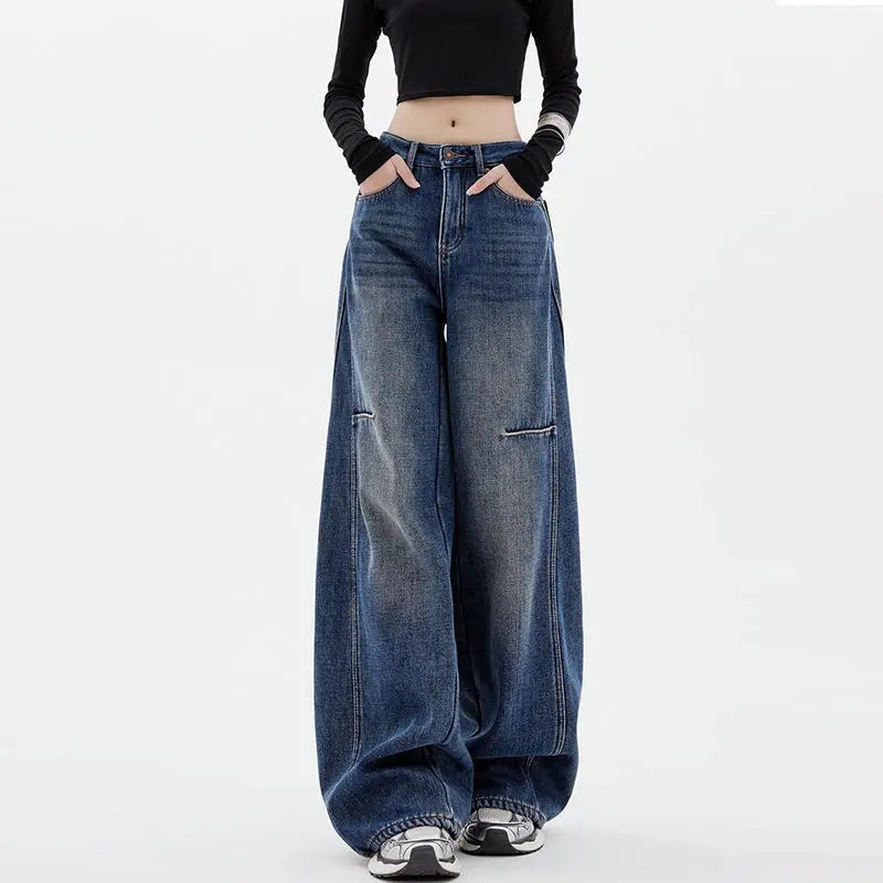 Female Student Casual Blue Jeans Wide-Leg Pants Loose Drape Straight-Leg Trousers Spring Autumn Floor Pants Fashion Streetwear