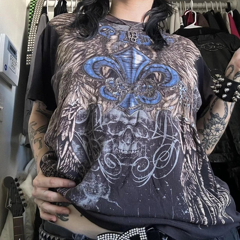 2000s Aesthetic Mall Goth E-girl Gothic T-shirt Retro Y2K Grunge Skull Wing Crop Tops Indie Graphic Print Short Sleeve Tee Women