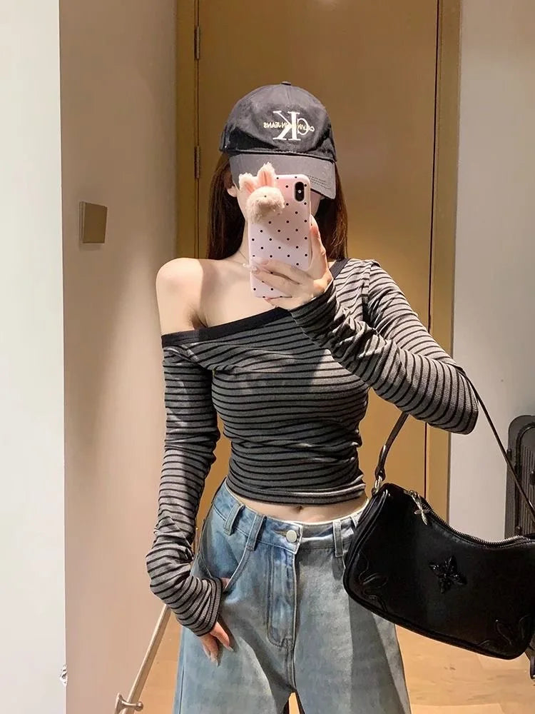 Women's Gray Asymmetrical One Shoulder Striped Long Sleeve T-Shirt 2026 Early Autumn New Arrival Slim Fit Sexy Off Shoulder Top