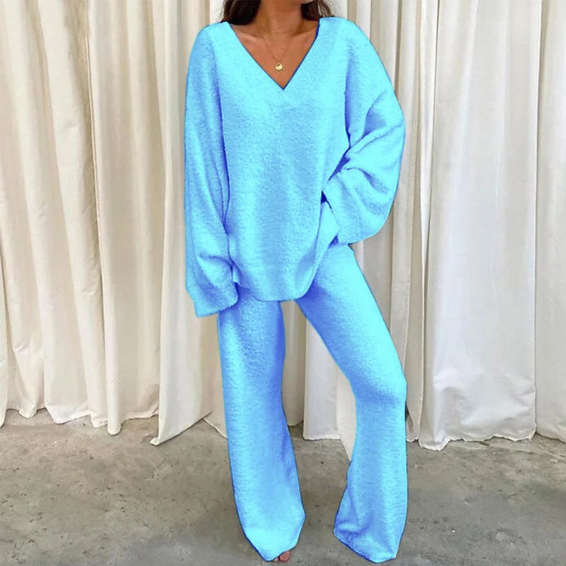 Autumn Winter Women's Comfortable Tracksuits Casual V-Neck Long Sleeve Pullover And Pants Warm Two Piece Set Women Fashion Sets
