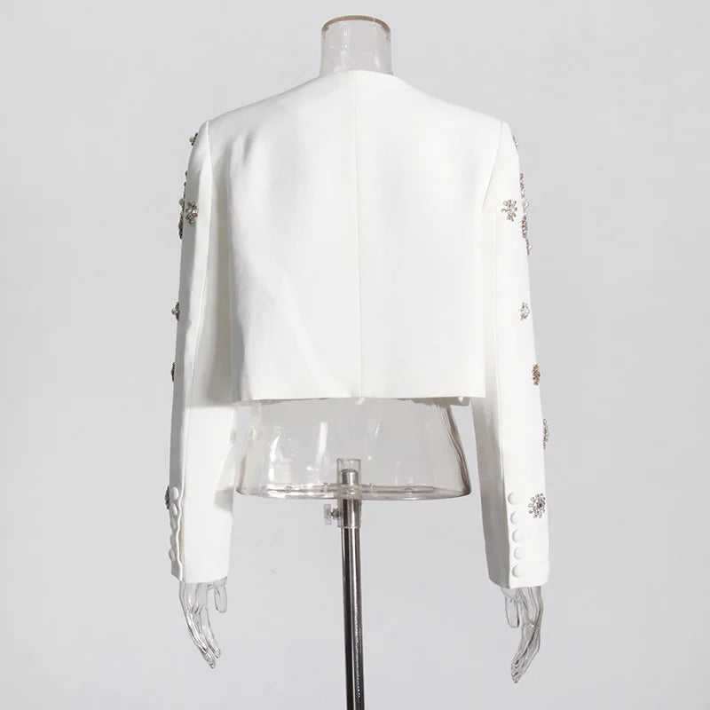 Brand Designer High Quality Beaded Diamonds Two Piece Women White Sets Jackets Suit Coats Long Pants Office Suits