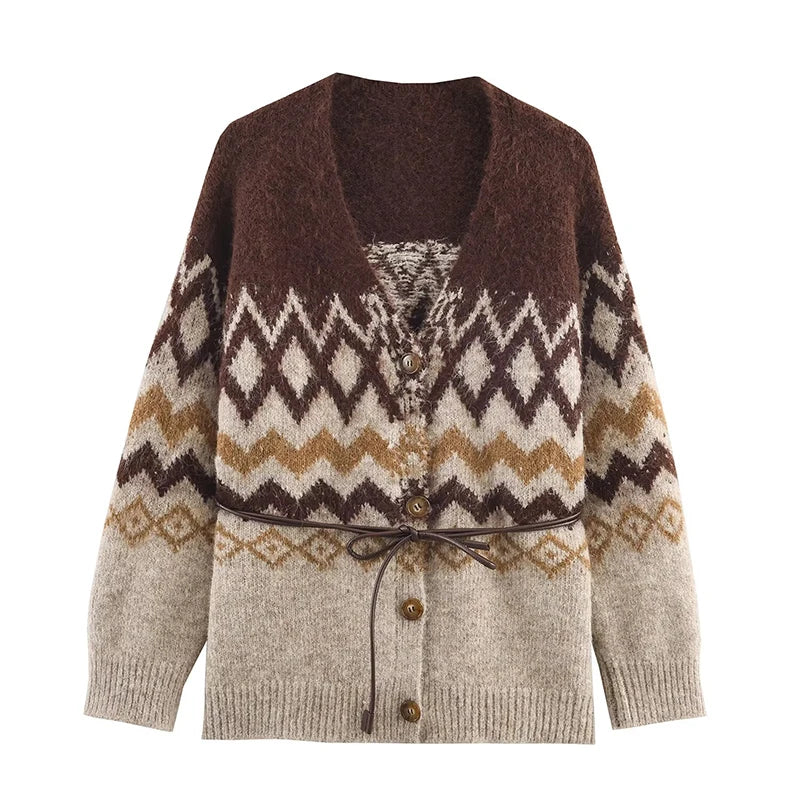 Women Knitted Midi Skirts Two Piece Sets 2025 New Fashion Jacquard Belt Knit Cardigan Women's Suits Autumn Winter Woman Outfits