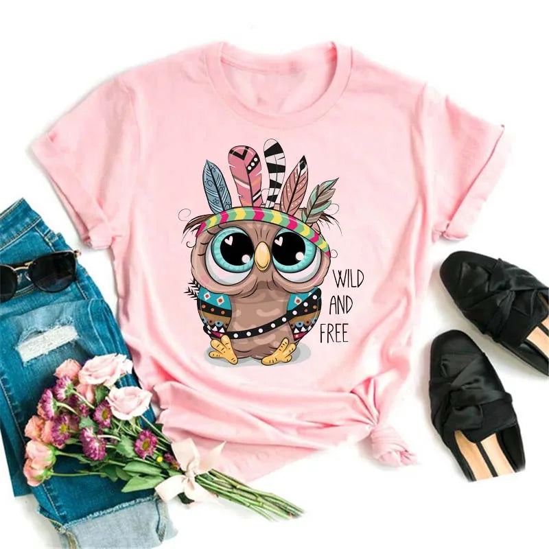 Maycaur Cartoon Owl Print T Shirt Women Kawaii Graphic Shirts Casual Short Sleeved Black Female Tee O-neck Harajuku T-shirts