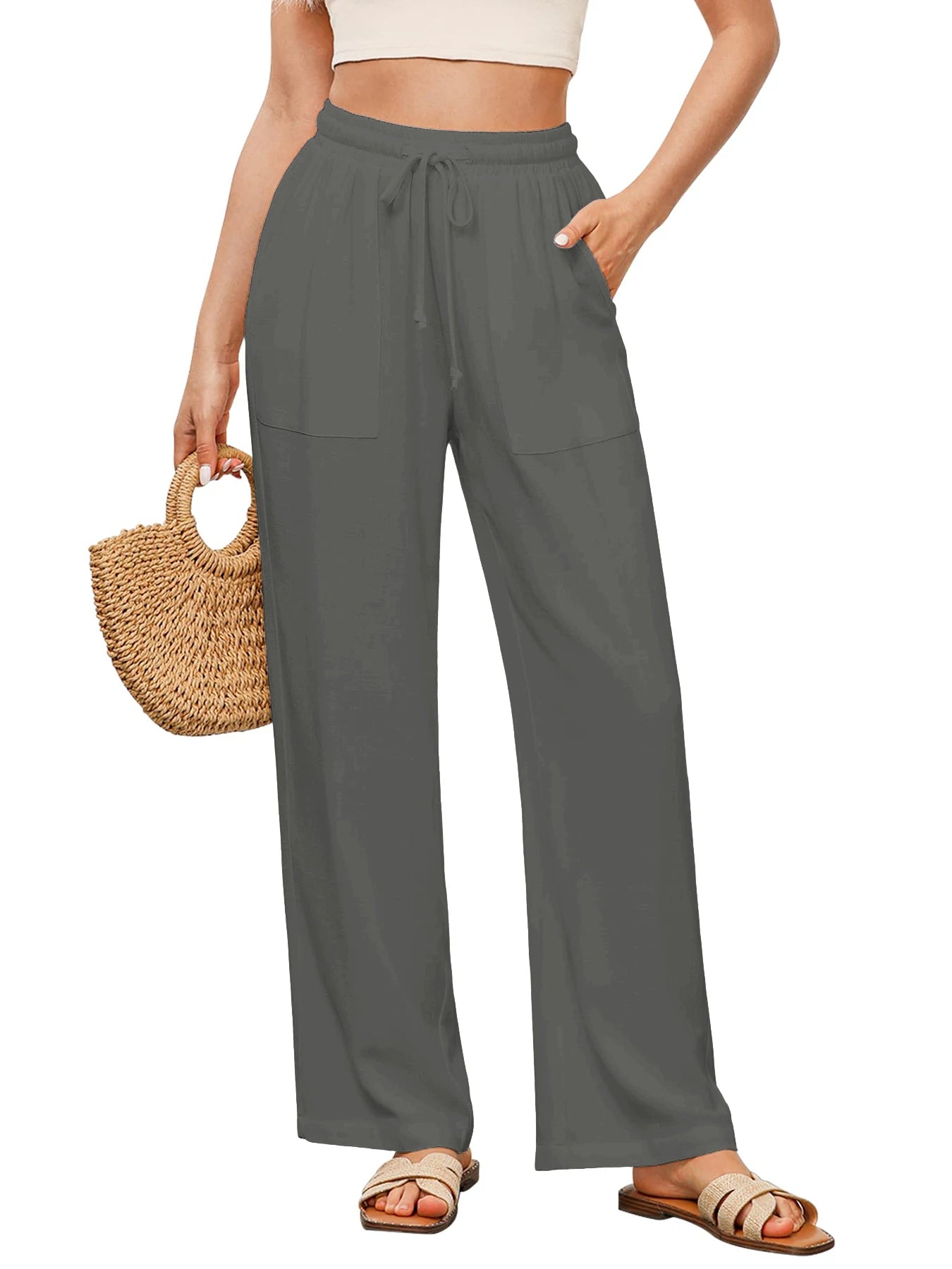 Women's Solid Color Loose Wide Leg Pants Casual Drawstring Straight Pants Pocket Casual Pants Trousers Loose High Waisted Pants