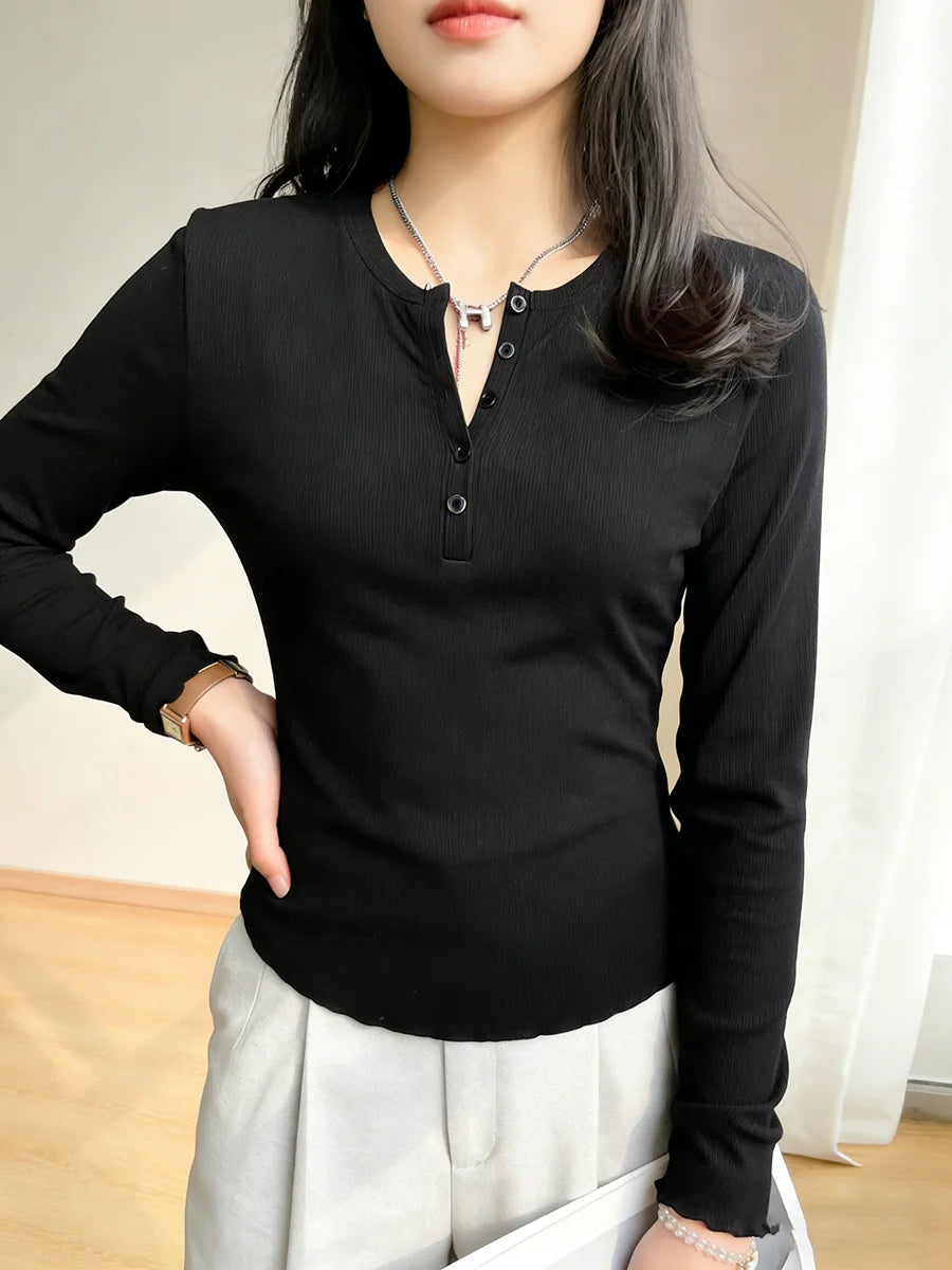 Women's T-Shirt Round Neck Long Sleeve Henley Button Ribbed Slim Tops Casual Tee Spring Summer Casual T-Shirt Daily Stretchy Top