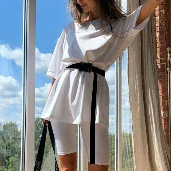 Women Half Sleeve T-shirt Top Shorts Belt Homewear Two Pieces Suit Leisure Set Bodycon Shorts Bottom Suit Two Piece Sets Outfit