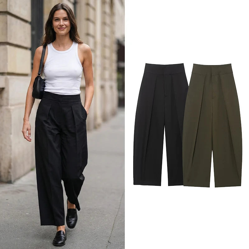 Willshela Women Fashion Solid Front Zipper Pleated Wide Leg Pants Vintage High Waist Full Length Female Chic Lady Trousers