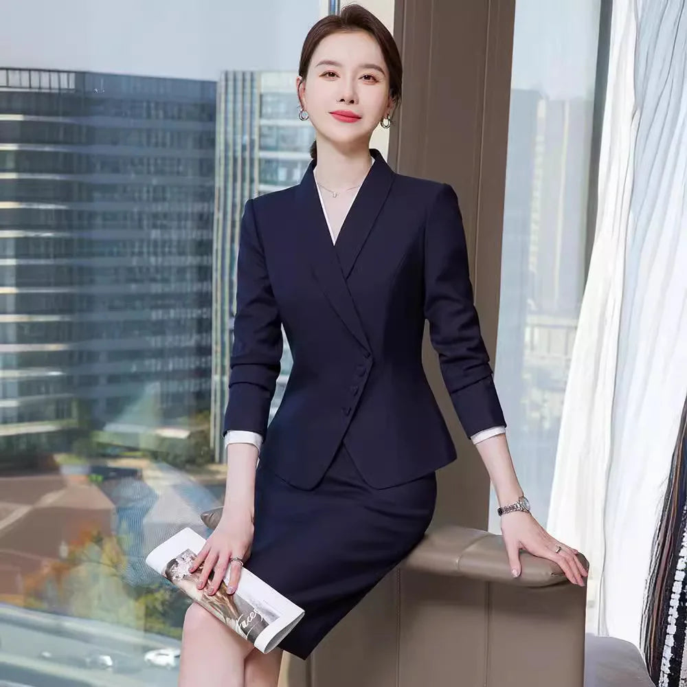 Office Business Women's Suit Pants Two-piece Set 2024 New Spring Autumn Long Sleeve Heart Button Jacket Slim Trousers Skirts