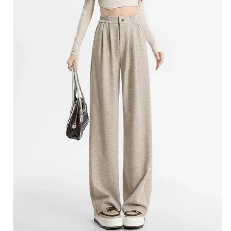 2024 New Spring Autumn Women Pink Oatmeal Beige Gray Long Pants Lady Korean Version Concise Baggy Wide Leg Straight Leg Trousers