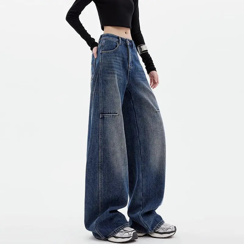 Female Student Casual Blue Jeans Wide-Leg Pants Loose Drape Straight-Leg Trousers Spring Autumn Floor Pants Fashion Streetwear