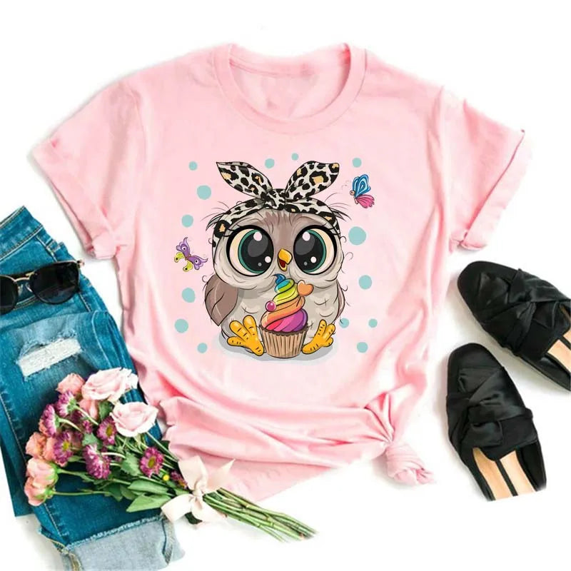 Maycaur Cartoon Owl Print T Shirt Women Kawaii Graphic Shirts Casual Short Sleeved Black Female Tee O-neck Harajuku T-shirts