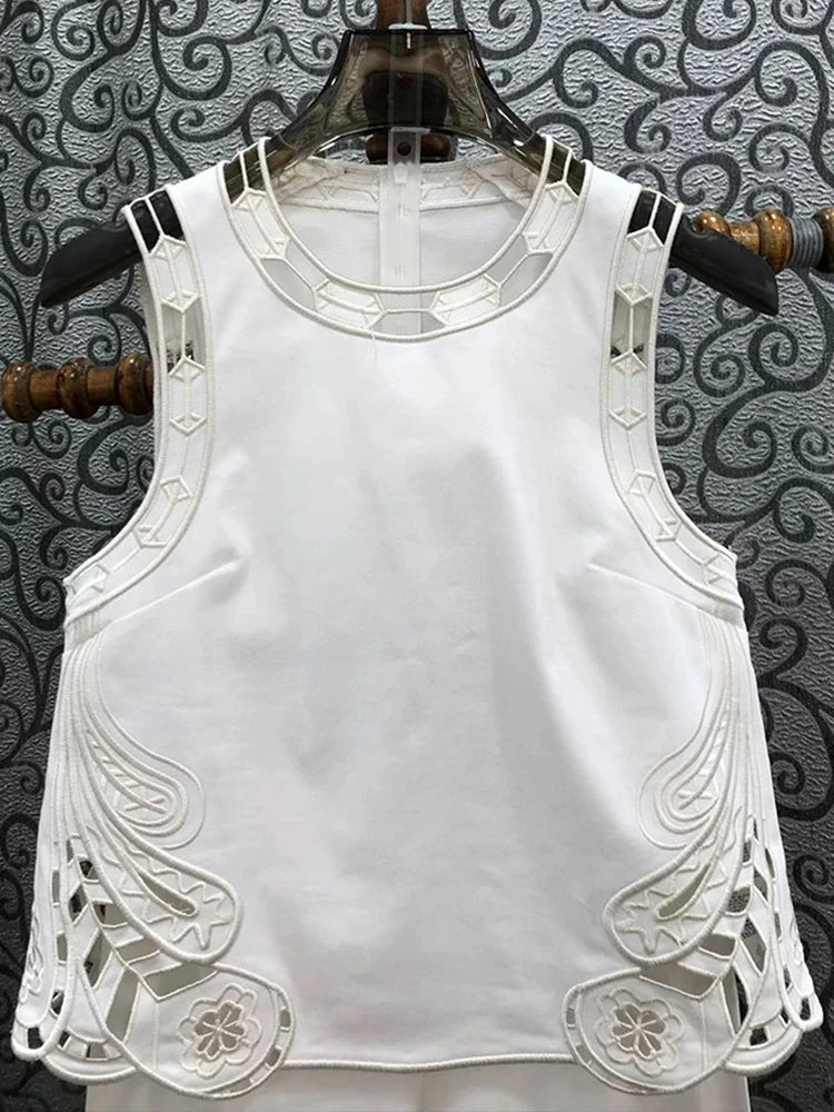 Spring/summer 2025 new embroidered hollow round neck sleeveless top+casual straight trousers fashion two-piece women's suit