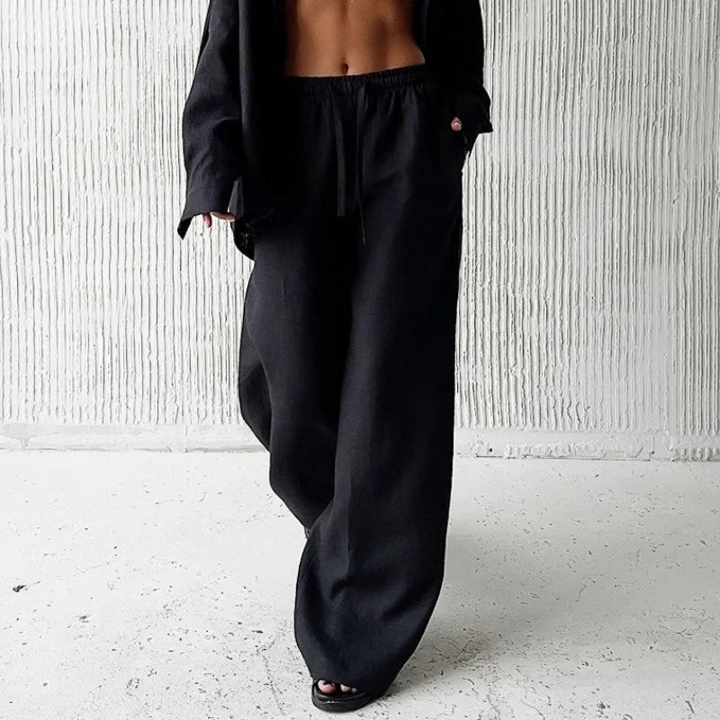 Elegant Cotton Linen Baggy Pants Fashion Women High Waist Drawstring Pocket Loose Wide Leg Pant Casual Streetwear New Trousers