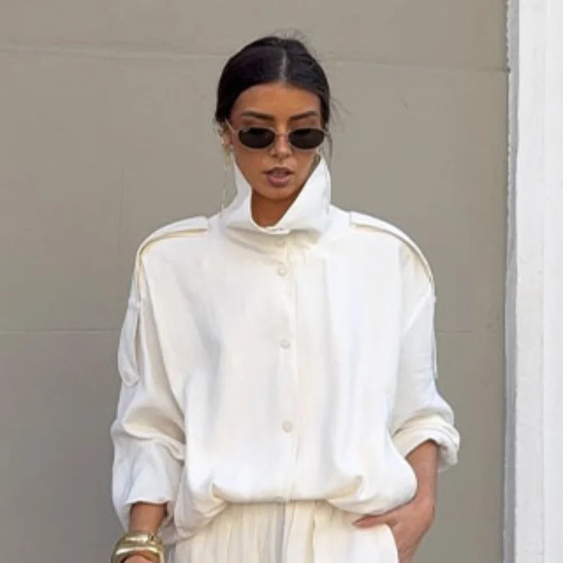 Casual Women's White Jacket Pants Set Loose Stand Collar Full Sleeve Single Breasted Jackets Wide Leg Pant 2026 Spring Suit
