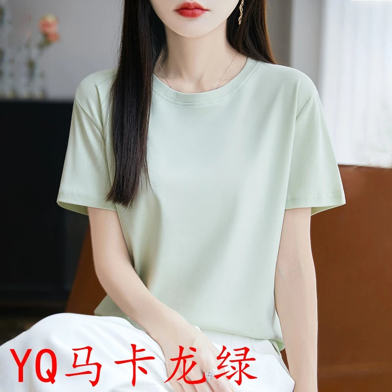 2026 Summer New Cotton Short Sleeve T-shirt Women's Round Neck Half Sleeve Mercerized Cotton Cool T-shirt