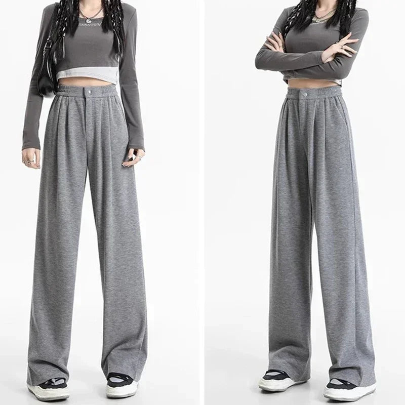 2024 New Spring Autumn Women Pink Oatmeal Beige Gray Long Pants Lady Korean Version Concise Baggy Wide Leg Straight Leg Trousers