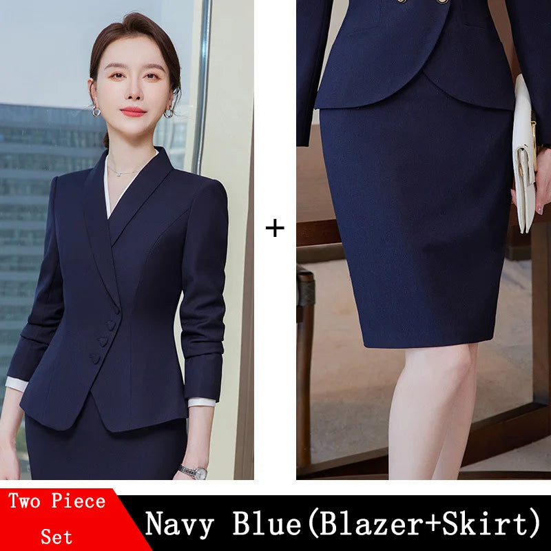 Office Business Women's Suit Pants Two-piece Set 2024 New Spring Autumn Long Sleeve Heart Button Jacket Slim Trousers Skirts
