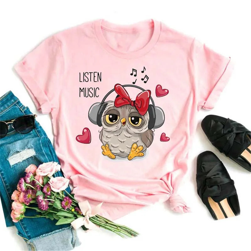Maycaur Cartoon Owl Print T Shirt Women Kawaii Graphic Shirts Casual Short Sleeved Black Female Tee O-neck Harajuku T-shirts