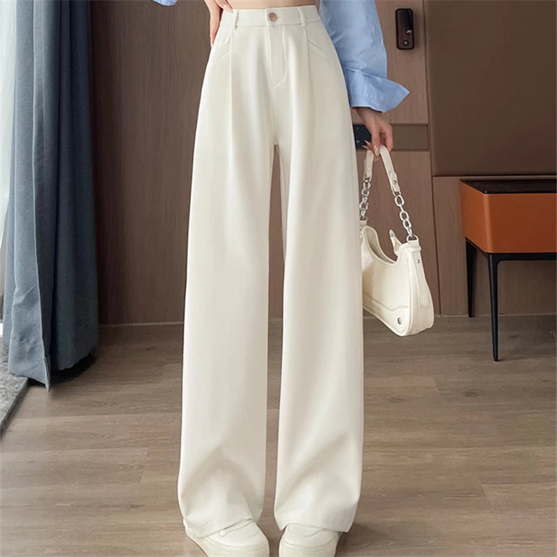 Seoulish Autumn Elegant Women's Wide Leg Pants 2024 New Korean Solid Button Casual Loose Office Full Length Trousers Female