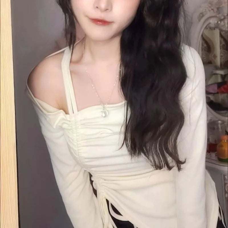 Spring Autumn Cotton Flare Sleeve T Shirts Women Solid Bodycone Basic Long Sleeve Crop Tops Casual Shirring Off-shoulder Tees