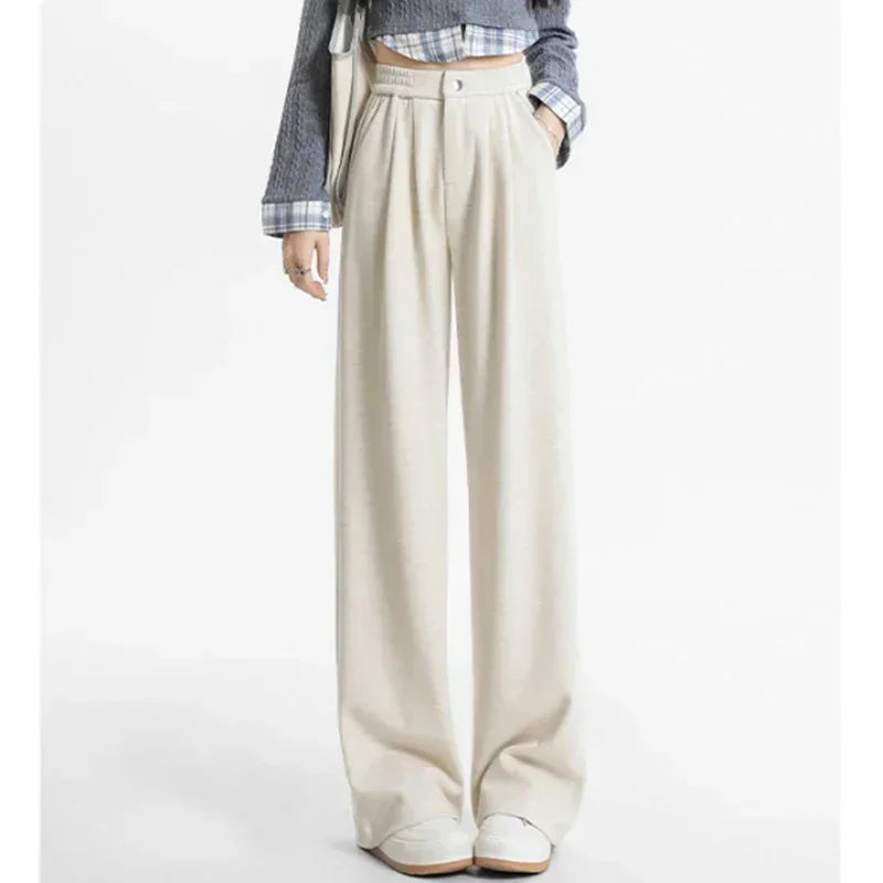 2024 New Spring Autumn Women Pink Oatmeal Beige Gray Long Pants Lady Korean Version Concise Baggy Wide Leg Straight Leg Trousers