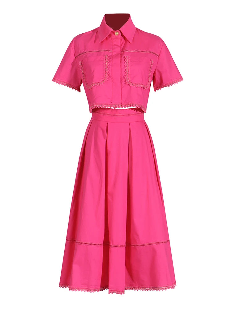 Solid Two Piece Sets For Women Lapel Short Sleeve Patchwork Pockets Tops High Waist Folds A Line Skirts Casual Set Female