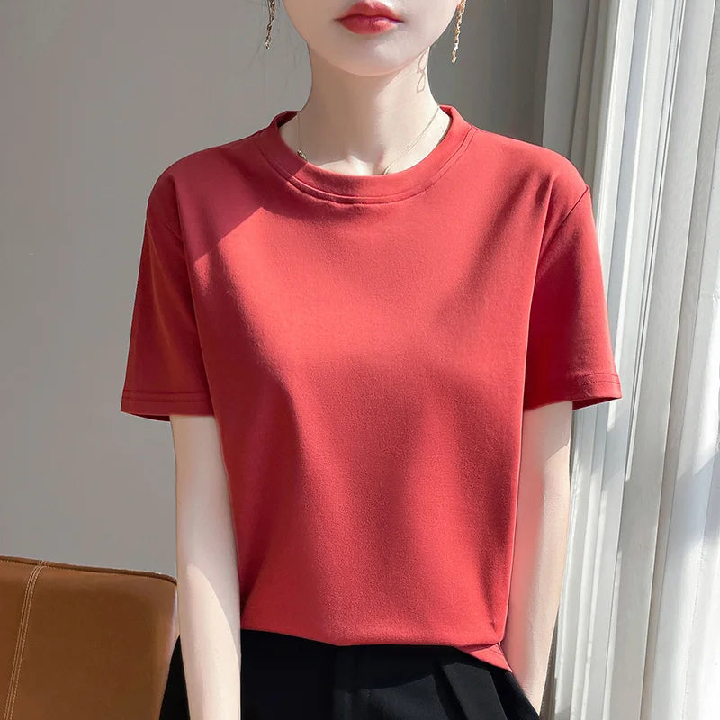 2026 Summer New Cotton Short Sleeve T-shirt Women's Round Neck Half Sleeve Mercerized Cotton Cool T-shirt